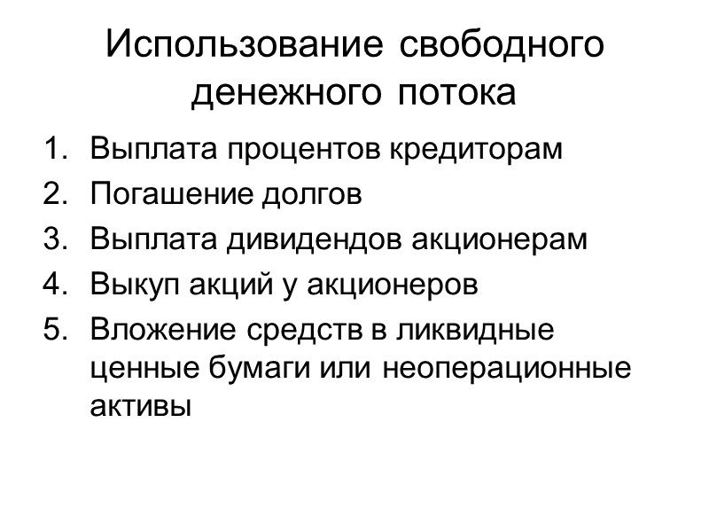 Использование свободного денежного потока Выплата процентов кредиторам Погашение долгов Выплата дивидендов акционерам Выкуп акций